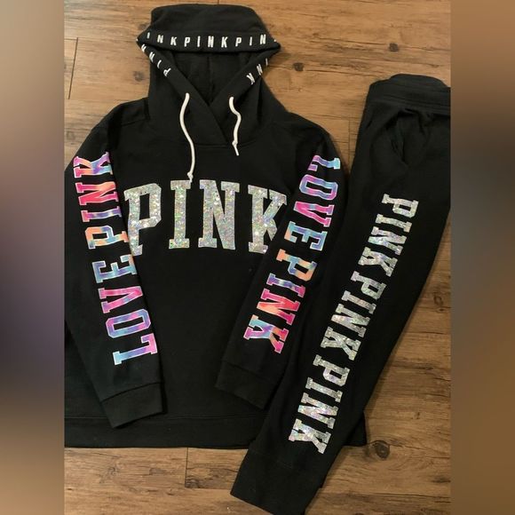 PINK VS HTF WATERCOLOR BLING HOODIE/ IRIDESCENT JOGGERS OUTFIT SET LARGE - Picture 4 of 12